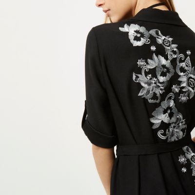 Black embroidered floral shirt dress
